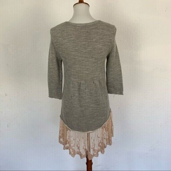 Dylan Small Knit Sweater Dress Gray Lace Hem Boho Chic Cozy Long Sleeve Tunic - Picture 5 of 7